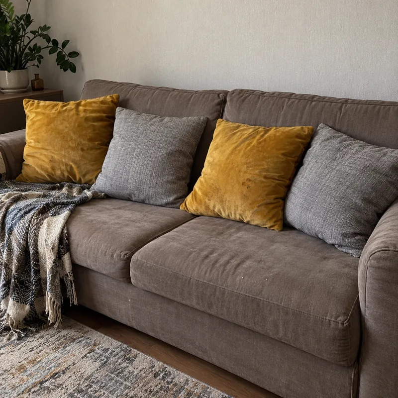 Четыре диванные подушки с засаленными краями - до уборки